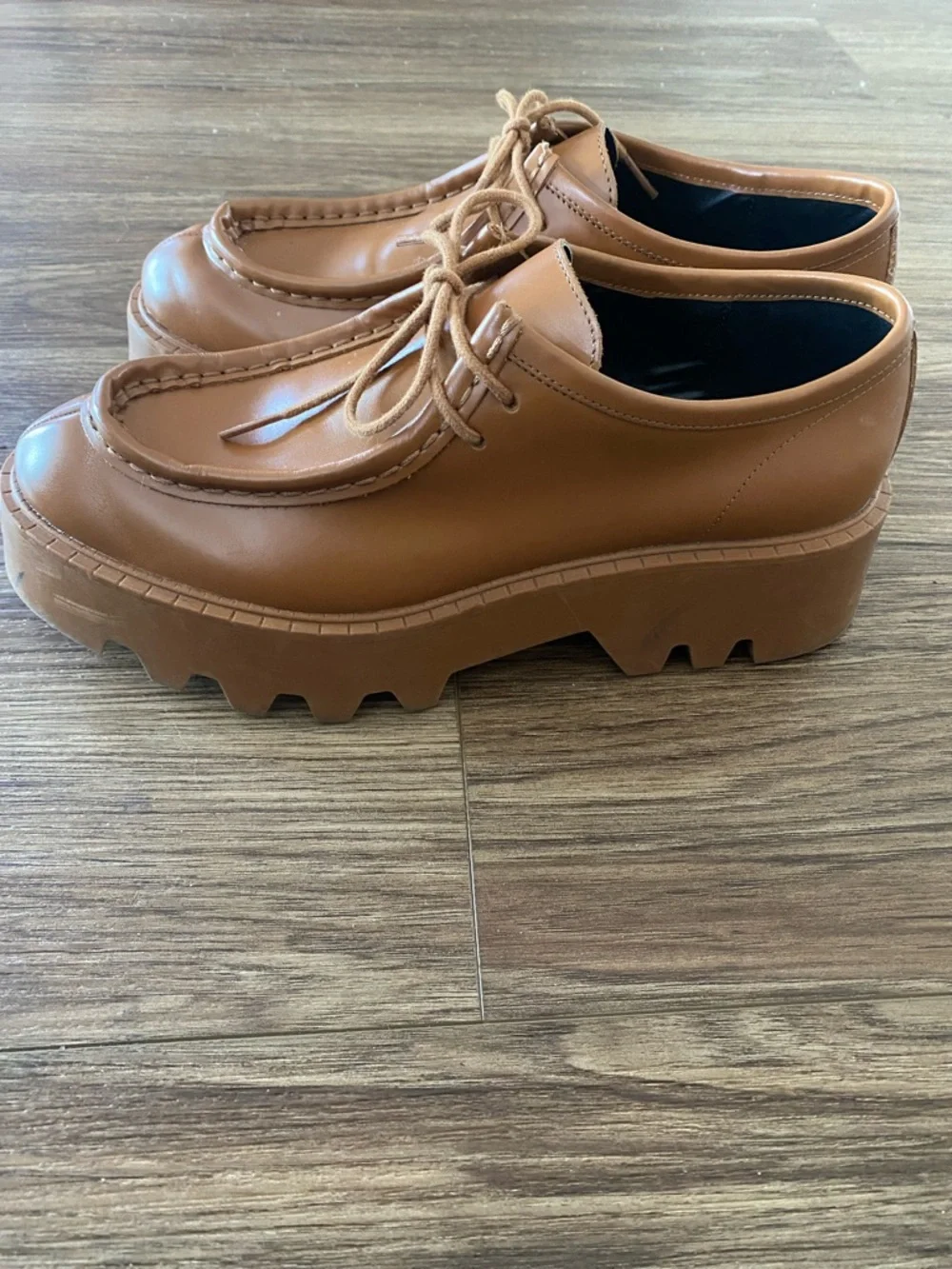 Zara Women's leather Brown Platform Track lug sole loafers size 39 US 8